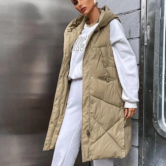 Khaki Casual Womens Pocket Zip Up Hooded Puffer Vest Coat - Picture 1 of 5
